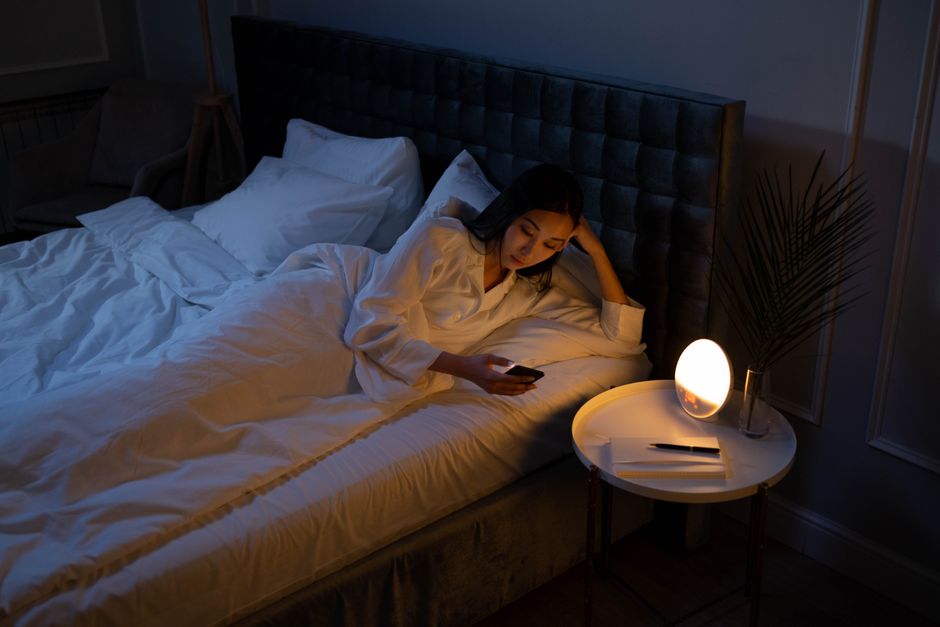 person using phone at night with warm bedside lamp and blue light glasses